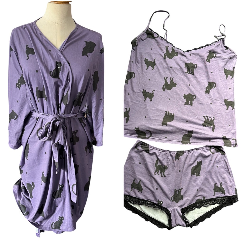 ModCloth Pajama & Robe set lavender purple Cat Print Sleep 2X 3X GUC cat lady